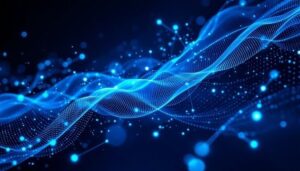 Abstrakte blaue Datenströme mit Punkten und Verbindungen im digitalen Raum