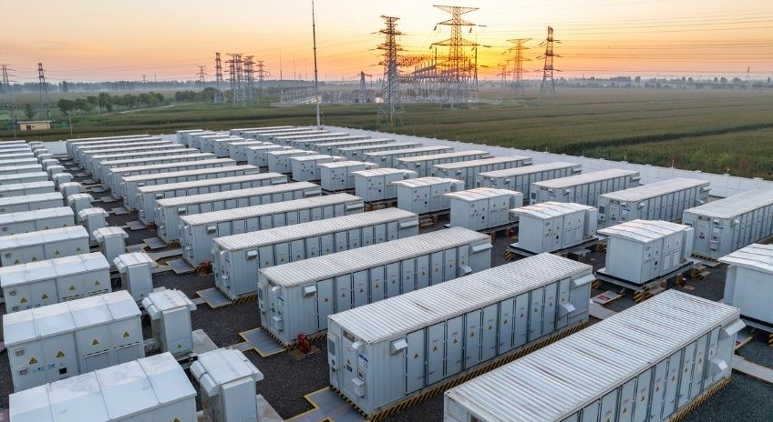 Großanlage mit Batteriespeichern vor Hochspannungsleitungen im Abendlicht