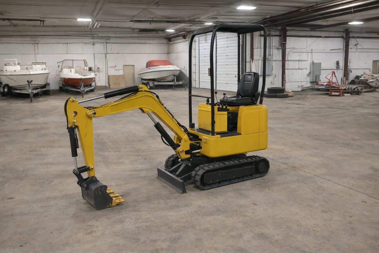 Ein gelber Minibagger steht bereit für Online-Auktionen für Baumaschinen in einer Halle.