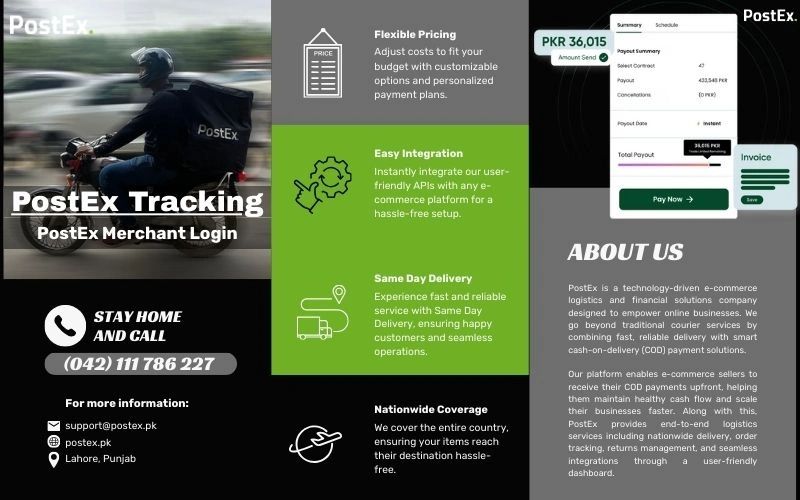 Infografik der Logistikplattform PostEx mit Dashboard und Lieferfahrer.
